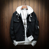 Men Autumn Hooded Denim Jackets Pink Jean Coats Good Quality Men Cotton Holes Denim Coats Fashion Jean Jackets Size 3XL