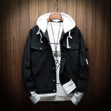 Men Autumn Hooded Denim Jackets Pink Jean Coats Good Quality Men Cotton Holes Denim Coats Fashion Jean Jackets Size 3XL
