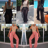 Women's Beach Mesh Sheer Bikini Cover Up Swimwear Transparent Long Pant Trousers