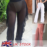 Women's Beach Mesh Sheer Bikini Cover Up Swimwear Transparent Long Pant Trousers