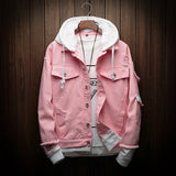 Men Autumn Hooded Denim Jackets Pink Jean Coats Good Quality Men Cotton Holes Denim Coats Fashion Jean Jackets Size 3XL