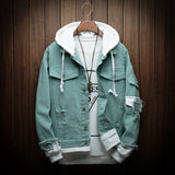 Men Autumn Hooded Denim Jackets Pink Jean Coats Good Quality Men Cotton Holes Denim Coats Fashion Jean Jackets Size 3XL