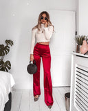 BKLD,, Loose Womens Pants Autumn Satin Red High Waist Pants Womens Clothing Trousers Women 2018 Solid Long Wide Leg Pants